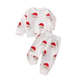 Toddler Newborn Baby Boys Girls Christmas Outfits Santa Long Sleeve Sweatshirts and Long Pants 2Pcs Clothes Set (K-White, 6-12 Months)