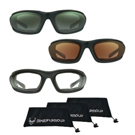 Bikershades 3 Pairs Motorcycle Safety Sunglasses Amber Copper Gray Yellow Lens Wrap Foam Padded Cushion Protection Wind Block Dry Eye