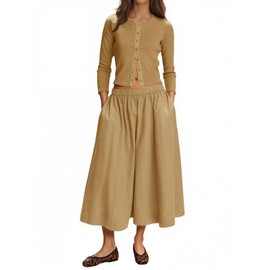 Tankaneo Womens 2 Piece Skirt Sets 3/4 Sleeve Knit Cardigan Elastic Waist Midi Skirt Outfits Casual Matching Dress Set