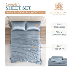 Casa Platino Satin Bed Sheets Set Queen Size Set - 4 Pieces - Soft & Gentle Like Silk - 1 Fitted Sheet, 1 Flat Sheet & 2 Queen Pillowcases - Remains Soft After Multiple Washes - French Blue Sheets