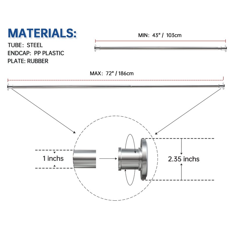 BRIOFOX Industrial Shower Curtain Rod - Rustproof Non-Slip 43-72 Inch