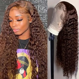 Pinketer Chocolate Color Deep Wave Lace Front Wigs Human Hair 13x4 Middle Brown Lace Frontal Wig 180% Density Brazilian Curly Human Hair Wigs for Black Women Natural Hairline (#4 Color, 28inch)