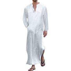 Jacansi Men's V-neck Short Sleeve Robe Side Split Kaftan Cotton Long Gown Thobe S-3XL (White #1, XXXL)