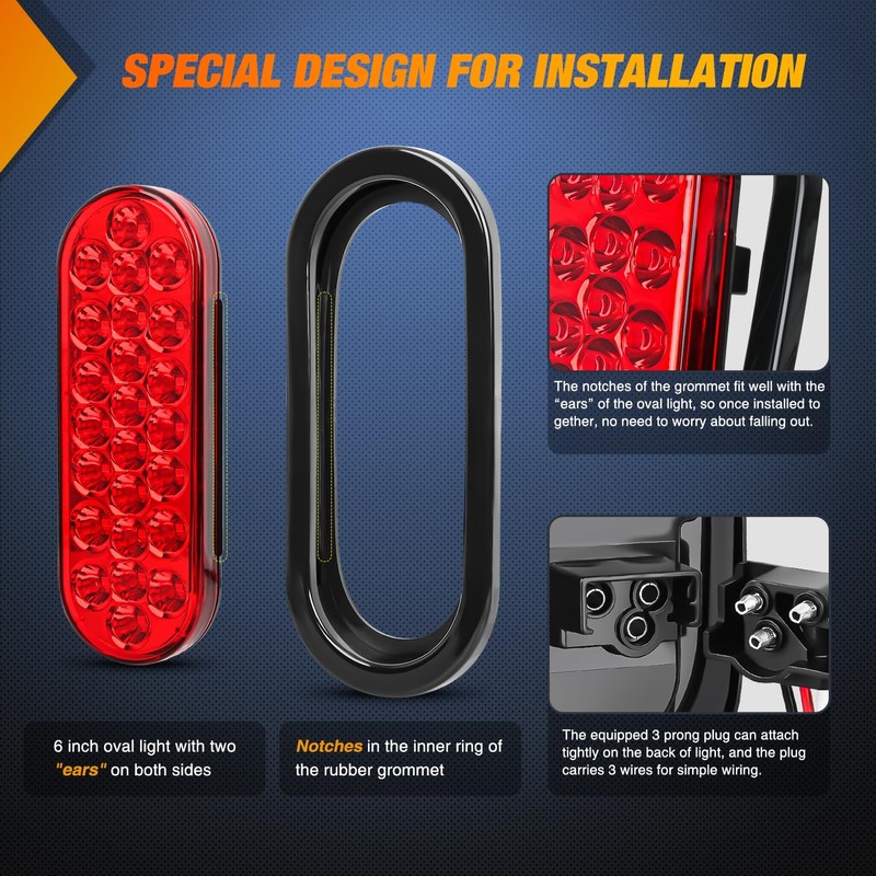 Nilight 6Inch Oval Trailer Tail Light 2PCS Red 24LED Stop