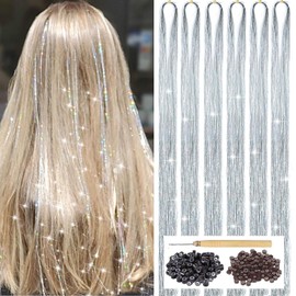 Silver Hair Tinsel Kit with Tool 6pcs 1200 Strands Glitter Tinsel Hair Extensions Heat Resistant Sparkling Shiny Fairy Hair Accessories for Women Girls Kids 47Inch