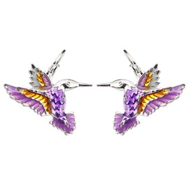 DOWAY Enamel Flying Hummingbird Bird Hoop Earrings Stud Clip with Dangle Charms for Women Various Styles Gift (Purple)