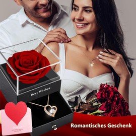 SWEETIME Eternal Rose Gift Box Red Infinity Roses with Heart Chain 925 Silver Rose Gold Women's Necklace, Forever Rose with Necklace Gifts for Women on Valentine's Day, Christmas, Wedding Anniversary, Birthday