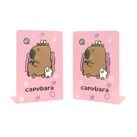 Capybara Bookends Pink, L-Shaped Cute Animal Bookend Holder for Shelves, Kawaii Desk Decor for Kids Room, Girls Bedroom, Office and School Supplies (1 Pair)
