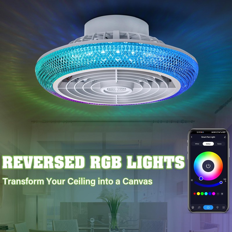 TCFUNDY Ceiling Fan with Light, 16" LED RGB Low Profile