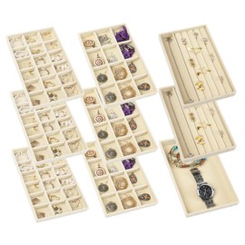 Nwvuop Set of 4 Jewellery Trays for Drawer, Velvet Stackable Jewellery Storage Organiser Jewellery Display for Earring Ring Necklace(Grey)