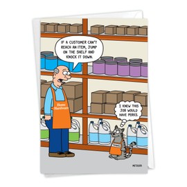 NobleWorks - Funny New Job Congratulations Greeting Card with 5 x 7 Inch Envelope (1 Card) - Cat Job Perks C7898NJG