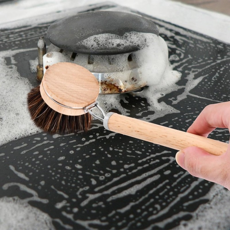 Wooden Dish Brush with 3 Replaceable Natural Bristle Heads