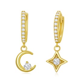 Moon and Star Earrings Sterling Silver Gold Plated Hoop Moon Star Earrings Hypoallergenic Jewelry for Women Mom