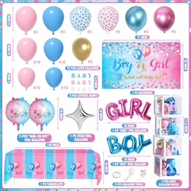 92Pcs Gender Reveal Decorations and Baby Box with Letters Set Boy or Girl Gender Reveal Party Supplies Party Ideas Tablecloth Backdrop Pink and Blue Balloons Baby Boxes with Letters Decorations Kit (Gender-02)