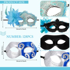 Sratte 128 Pcs Couple Masquerade Mask with Feather Flower Unisex Half Face Venetian Mask for Mardi Gras Party (Lace)