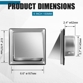 Gisafai 6'' Dryer Vent Cover Outside Walls External Extractor Fan Exhaust Vent Cap Stainless Steel Hood Cushioned Non Return Flap with Sealing Gasket Grille Screen(Silver)