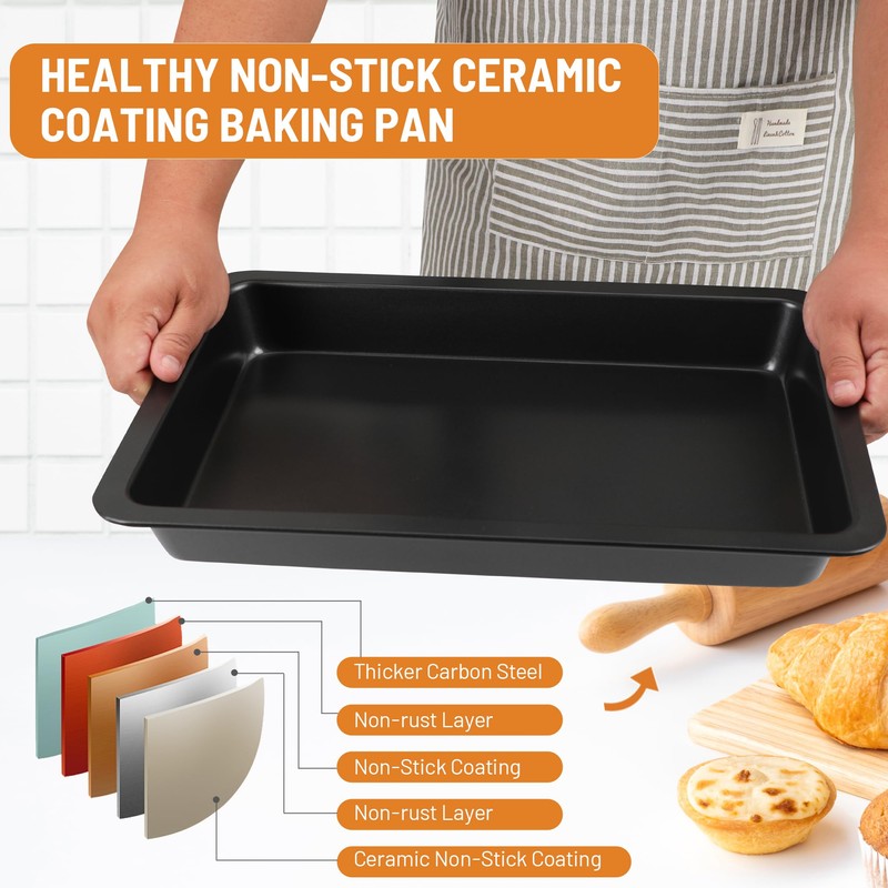 Spmarkt Ceramic-Coated Non-Stick Baking Pan with Carry Lid, 15inchx10inch Rectangular