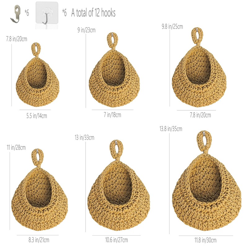 6 Pack Natural Cotton Rope Hanging Basket Hand Woven Wall