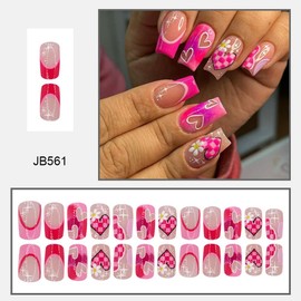 Valentine's Day Press on Nails Medium Square Red Heart Fake Nails with Design Red French Tip False Nails Cute Valentines Nails Glossy Acrylic Glue on Nails Spring Flower Stick on Nails for Women 24Pcs