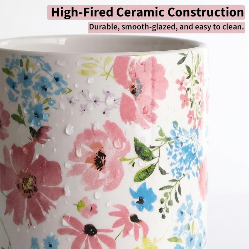 ISUISLE Ceramic Utensil Holder for Kitchen Counter with Draining Base,