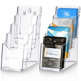 Dunzoom 2 Pcs 4 Tier Acrylic Brochure Holder 4 Inch Clear Brochure Display Stand Multi Pocket Pamphlet Holder Literature Rack Organizer for Removable Divider Wall Mount or Countertop