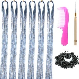 6 Packs 43 Inch Hair Tinsel Extensions with Tools Kit 1200 Strands Tinsel Hair Extensions for Women Girls Heat Resistant Sparkling Shiny Glitter Hair Pieces for Christmas Cosplay Part (43 inch,silver)