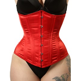 Underbust Womens Waist Trainer Hourglass Double Steel Boned Heavy Duty Satin Corset (2XS, Red)
