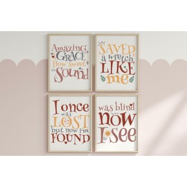 Amazing Grace Art for Kid's Room - Nursery Decor for Girls - Bible Hymns for Child's Bedroom, Set of 4 Prints (8 inch x 10 inch), Jesus Loves Me, How Great Thou Art (Dusty Pink/Burgundy)