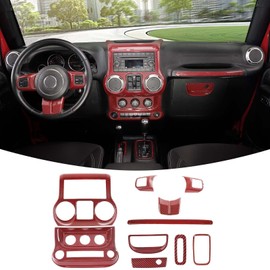 RT-TCZ - Kit de molduras interiores para Jeep JK, color rojo, JKU, consola central, panel de salpicadero para Jeep Wrangler JK JKU 2011-2017, accesorios interiores de fibra de carbono ABS rojo, 10