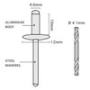 SKIR'CO (Pack of 300) Large Flange Aluminium Blind Rivets 4.0