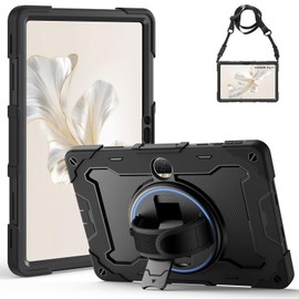 Gerutek Case for Honor Pad 9 12.1 Inch 2024, Shockproof Robust Protective Case with Rotating Stand, Pen Holder, Wrist Strap Shoulder Strap, Armoured Case for Honor Pad 9 12.1 Inches, Black