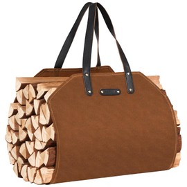 Permade Firewood Carrier with Real Leather Handles, Log Carrier for Firewood Waxed Canvas, 38.4x17.3inch Wood Carrier for Fireplace, Water Resistant Firewood Tote Bag for Stove, Outdoor Camping - Rust