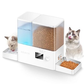 ROJECO - Alimentador automático para gatos y dispensador de agua, 2 en 1, tazón de comida para gatos de gran capacidad de 5 litros y dispensador de ag
