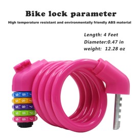 IDEALUX Sport Bike Lock Cable, 4Ft 120CM Bicycle Cable Lock with 5-Digit, High Security Self Coiling Bike Lock Combination 1200x12mm (Rose Red)