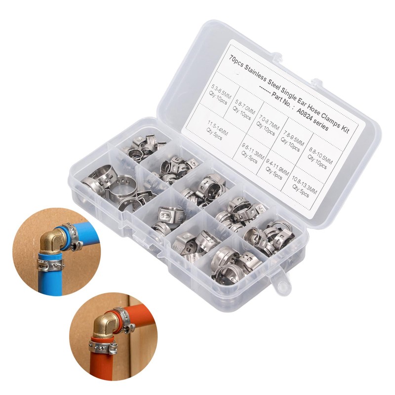 70Pcs Single Ear Hose Clamp Kit Stainless Steel Stepless 9