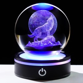 YWHL 3D Crystal Ball Moon Wolf Figurine with Colorful LED Base, Laser Wolf Gifts for Women Men Wolves Lovers on Christmas Birthday, Wolf Statue Glass Animal Decorative Ball for Home Decor (80mm)