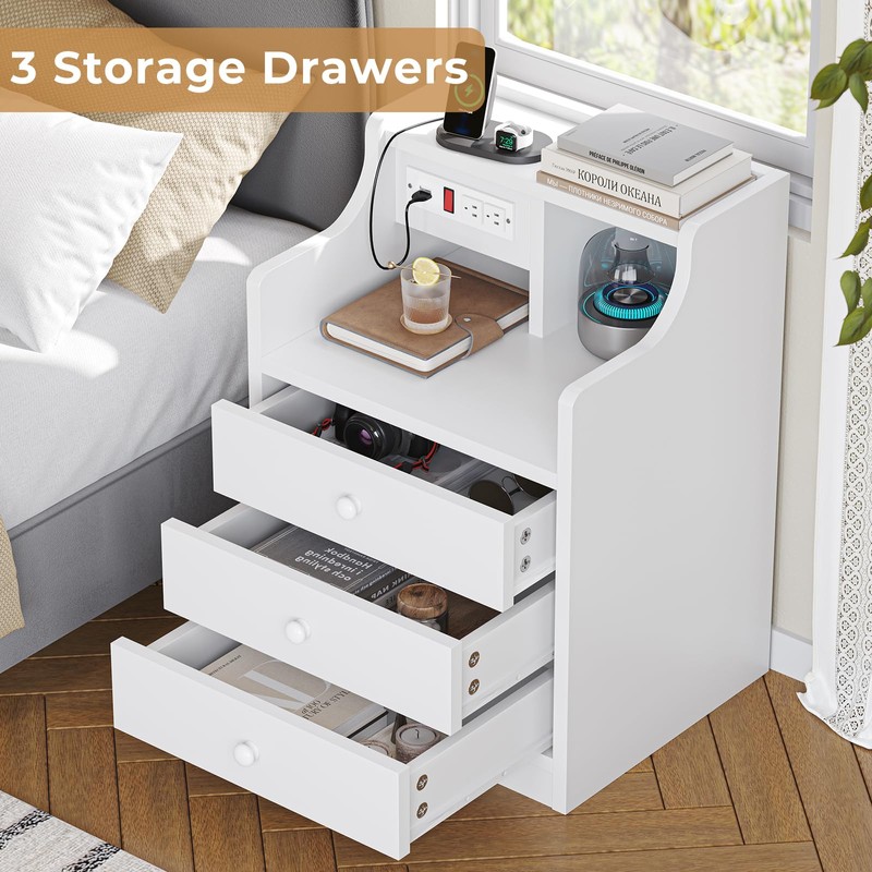 ADORNEVE Nightstand with Charging Station,White Night Stand with Hutch,Bedside Table