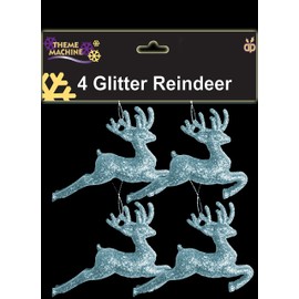 Pack Of 4 - 9.5cm Ice Blue Glitter Reindeer Christmas Decorations - Tree Trims - Blue Baubles.