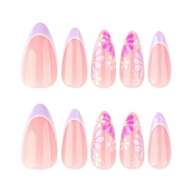 Purple French Tip Press on Nails Short Almond,YIHONGYAN Spring Summer with Flowers Design Fake Nails Glue Full Cover False Nails Stick on Nails Reusable Acrylic Nail Kit 24Pcs Suitable for Women Gift