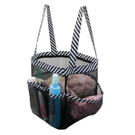 FuninCrea Shower Bag, Foldable Portable Toiletry Bag with Handle, Beach Bag Made of Mesh with 8 Compartments for Camping, Home Storage, Toiletries, Clothes (Stripes)