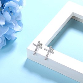 Women Girls Earrings Cross Stud 925 Sterling Silver Cubic Zirconia Iced Out Corss Earrings Best Gift for Wife Girlfriend Anniversary FE0138W