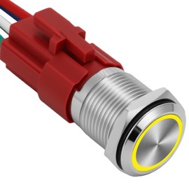 YMJSAN 16mm Latching Push Button Switch 12V DC On Off Stainless Steel Shell Self-Locking with LED Angel Eye Head for 0.63" Mounting Hole with Wire Socket Plug(Silver Shell Yellow LED)
