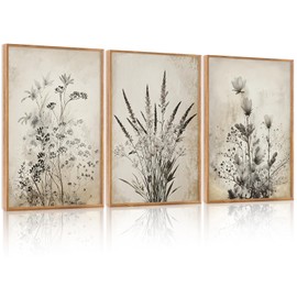 HOURIA Large Vintage Black White Botanical Floral Framed Canvas Wall Art Set,Retro Farmhouse Wildflower Wall Decor Rustic Minimalist Plant Flower Art Prints for Living Room Bedroom Office - 16"x24"x3