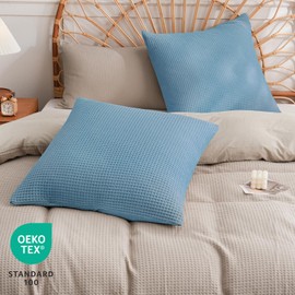 PHF 100% Cotton Waffle Weave Throw Pillow Cover, 22" x 22", No Insert, 2 Pack Elegant Home Decorative Square Throw Pillow Covers for Bed Couch Sofa, Dusty Blue