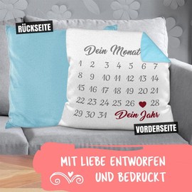 PR Print Royal Design Your Own Cushion Calendar – Customisable Anniversary, with Name & Text Print – Gift Valentine's Day, Anniversary, Couple, Love – Includes Filling, Colour Cushion Back Light Blue