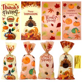 Fall Thanksgiving Cellophane Treat Bags 100 Pcs Fall Thanksgiving Treat Bags Plastic Autumn Leaf Cookie Candy Bag with Twist Ties for Snacks Goodies Holiday Thanksgivings Party Favor Bag Supplies Present Gift Wrapping