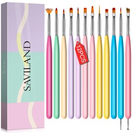 Saviland Juego de 12 pinceles de uñas de gel, kit de herramientas de manicura profesional con mango de color, cepillo de gel para extensión de uñas, cepillo para delineador de uñas, pincel de doble extremo, bolígrafo de línea de punteamiento para diseños