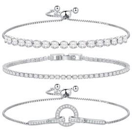 14K Silver Plated Tennis Bracelet Cubic Zirconia Classic Adjustable Bracelet Silver Bracelets for Women Birthday Valentine Mother's Day Jewelry Gift (GSZH-015)