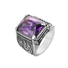 PMTIER Men's Classic Vintage Stainless Steel Carved Flower Pattern Cubic Zirconia Square Purple Gemstone Ring Size 13