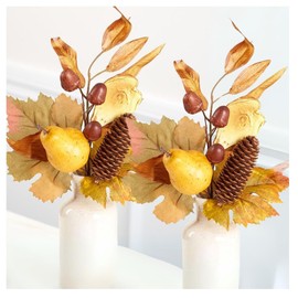 Fall Artificial Fruit and Maple Leaves Stems Set of 2 - Autumn Harvest Picks for Arrangements and Thanksgiving Centerpieces (14-1/2 Inches High)